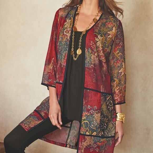 Soft Surroundings Prosperity Topper‎ Kimono Red Dark Romantic Floral Sheer Large - Picture 3 of 16